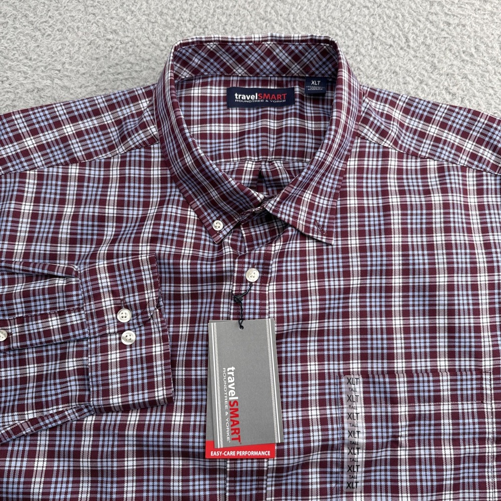 TravelSmart Dress Casual Shirt Mens XL Tall XLT L/S Plaid Roundtree Yorke